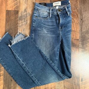 Frame Denim Le High Rise Straight Cropped Jeans 23 Barney’s Beckett Wash Raw Hem